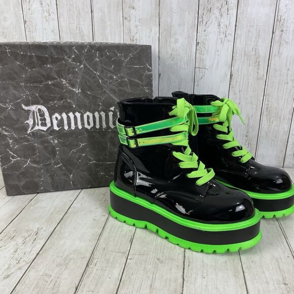 Demonia Shoes - DEMONIA Shaker-52 Platform Boots Black Patent Neon Green Size 10 /EU 40